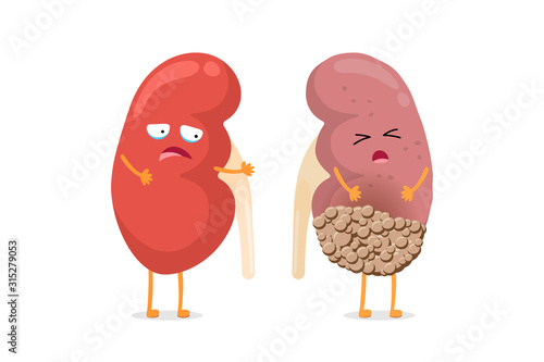 Healthy and sad suffering sick kidney with cancer characters. Human anatomy genitourinary system internal unhealthy tumor organ and strong compare. Vector cartoon illustration