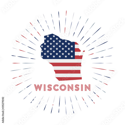 Wisconsin sunburst badge. The US state sign with a map of Wisconsin with the American flag. Colorful rays around the logo. Vector illustration.