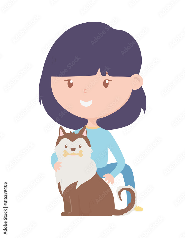 young woman with pet siberian dog cartoon characters
