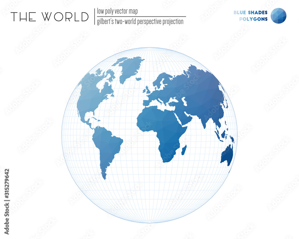 Low poly world map. Gilbert's two-world perspective projection of the world. Blue shades colored polygons. Amazing vector illustration. Low poly world map. Gilbert's two-world perspective projection of the world. Blue shades colored polygons. Amazing vector illustration.