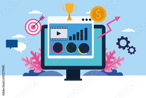 desktop computer with set business icons