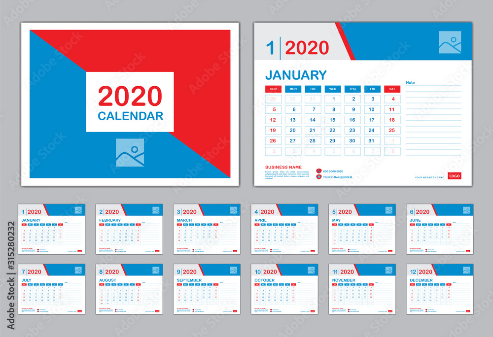 Calendar 2020 Template, Set Desk Calendar design, Set of 12 calendar pages with Cover design vector, wall Calendar with Typographic, Week starts on Monday, Can be use Place Photo and Company Logo. Calendar 2020 Template, Set Desk Calendar design, Set of 12 calendar pages with Cover design vector, wall Calendar with Typographic, Week starts on Monday, Can be use Place Photo and Company Logo.