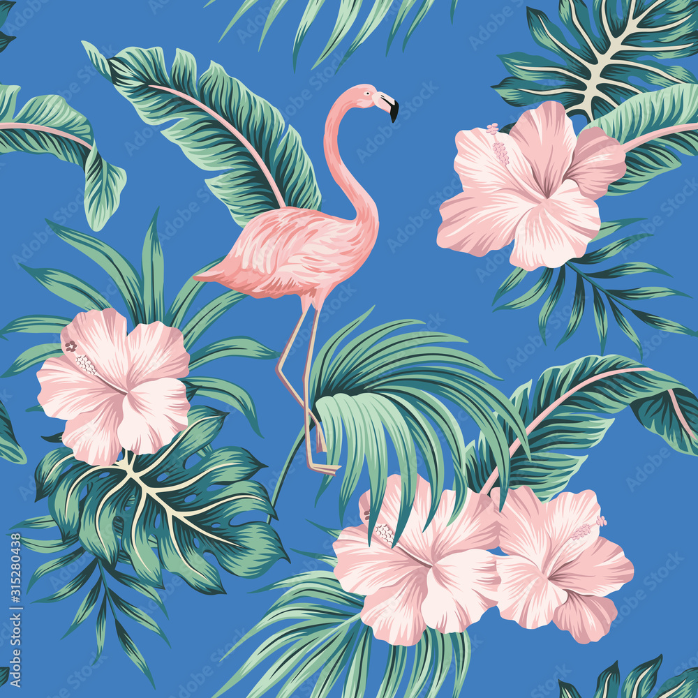 Obraz premium Tropical pink hibiscus and flamingo floral green palm leaves seamless pattern blue background. Exotic jungle wallpaper.