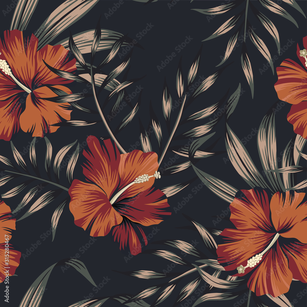 Tropical vintage floral palm leaves red hibiscus flower seamless pattern  black background. Exotic jungle wallpaper. Stock Vector | Adobe Stock
