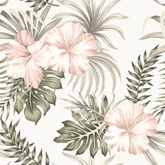 Fotobehang Hibiscus patronen Vintage hibiscus en palmbladeren ivoor  © good_mood
