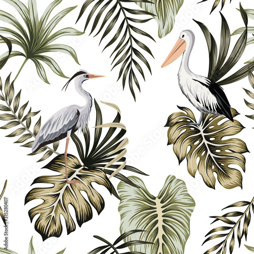 Tropical vintage palm leaves, heron, pelican floral seamless pattern white background. Exotic jungle bird wallpaper.