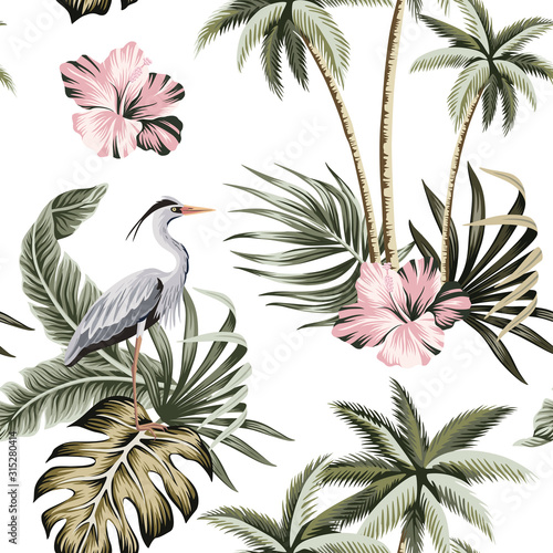Tropical vintage hibiscus flower, palm tree, palm leaves, heron bird floral seamless pattern white background. Exotic jungle Hawaiian wallpaper.