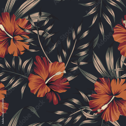 Feuilles de palmier floral vintage tropical fleur d& 39 hibiscus rouge motif transparent fond noir. Fond d& 39 écran de la jungle exotique.