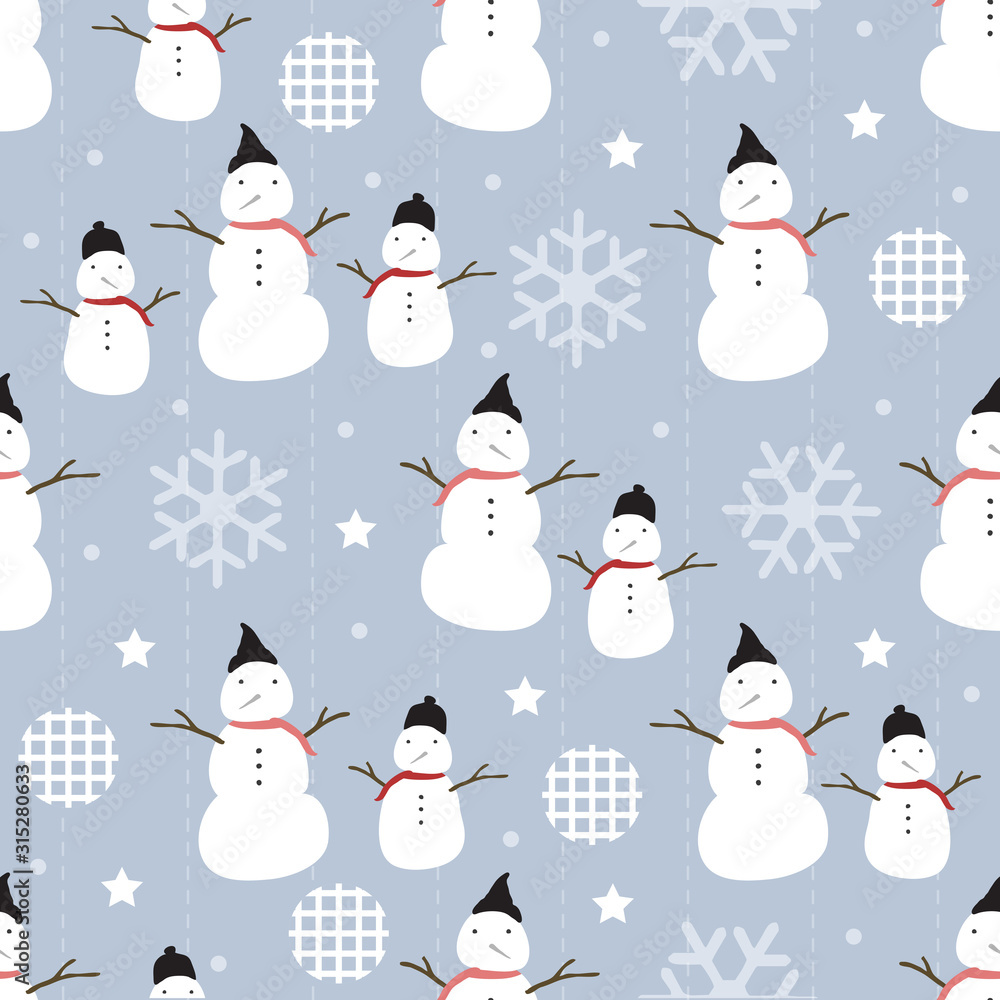 seamless hand drawn christmas pattern with snowman and snowflake  on blue  background