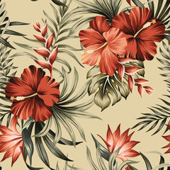 Fototapete Beigefarbene Muster Tropisches Hibiskus Strelitzia Muster Beige  © good_mood
