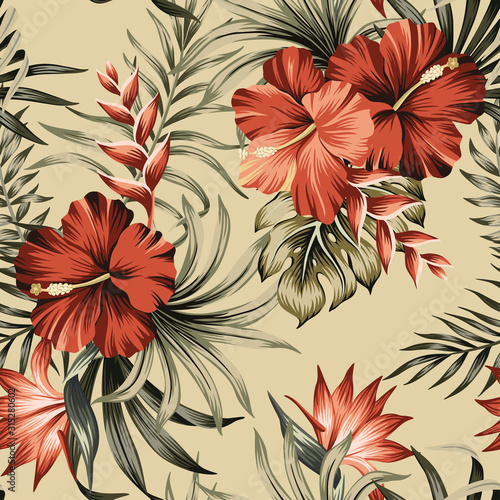 Tropical vintage hibiscus flower  strelitzia  palm leaves floral seamless pattern beige background. Exotic jungle wallpaper.