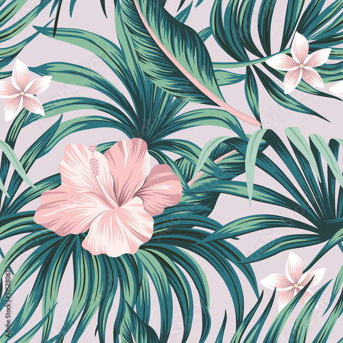 Tropical pink hibiscus and plumeria floral green palm leaves seamless pattern purple background. Exotic jungle wallpaper.