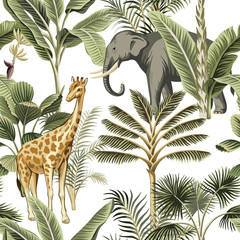Sierkussen Tropische print patronen Olifanten en giraffen vintage junglepatroon  © good_mood