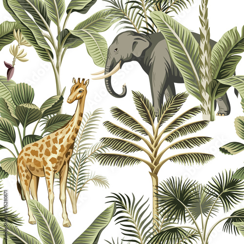 Wallpaper murals Tropical vintage elephant, giraffe wild animals, palm tree  and plant floral seamless pattern white background. Exotic jungle safari  wallpaper. 