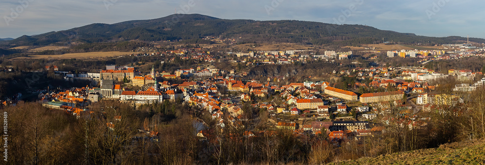 Panoramic view to city Cesky Krumlov in winter with hill Klet