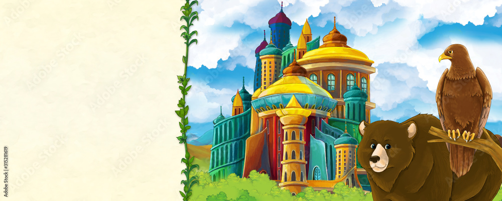Cartoon nature scene with beautiful castle near the forest with bear and the eagle - illustration for children