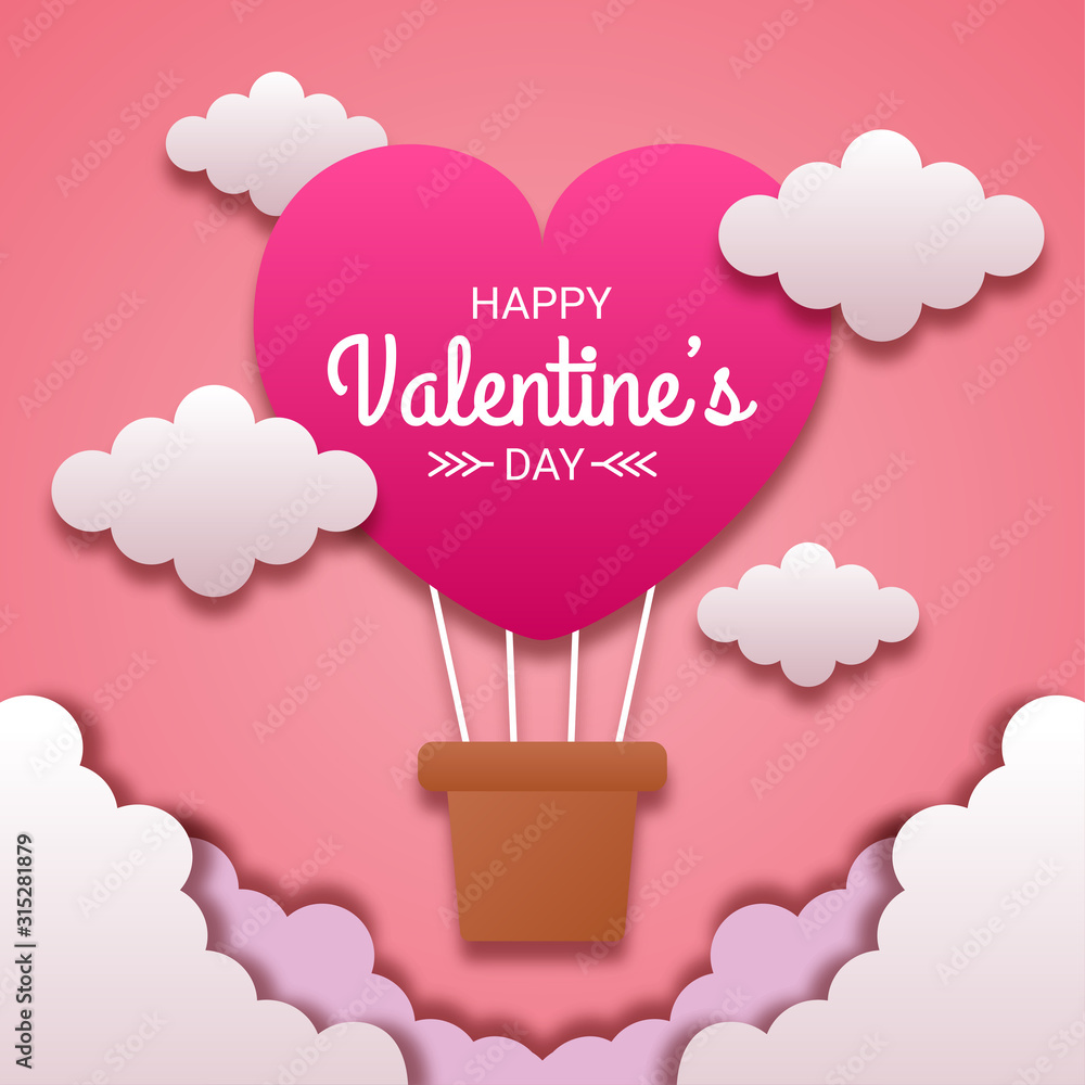 Happy valentines day paper cut style with colorful heart shape in pink background