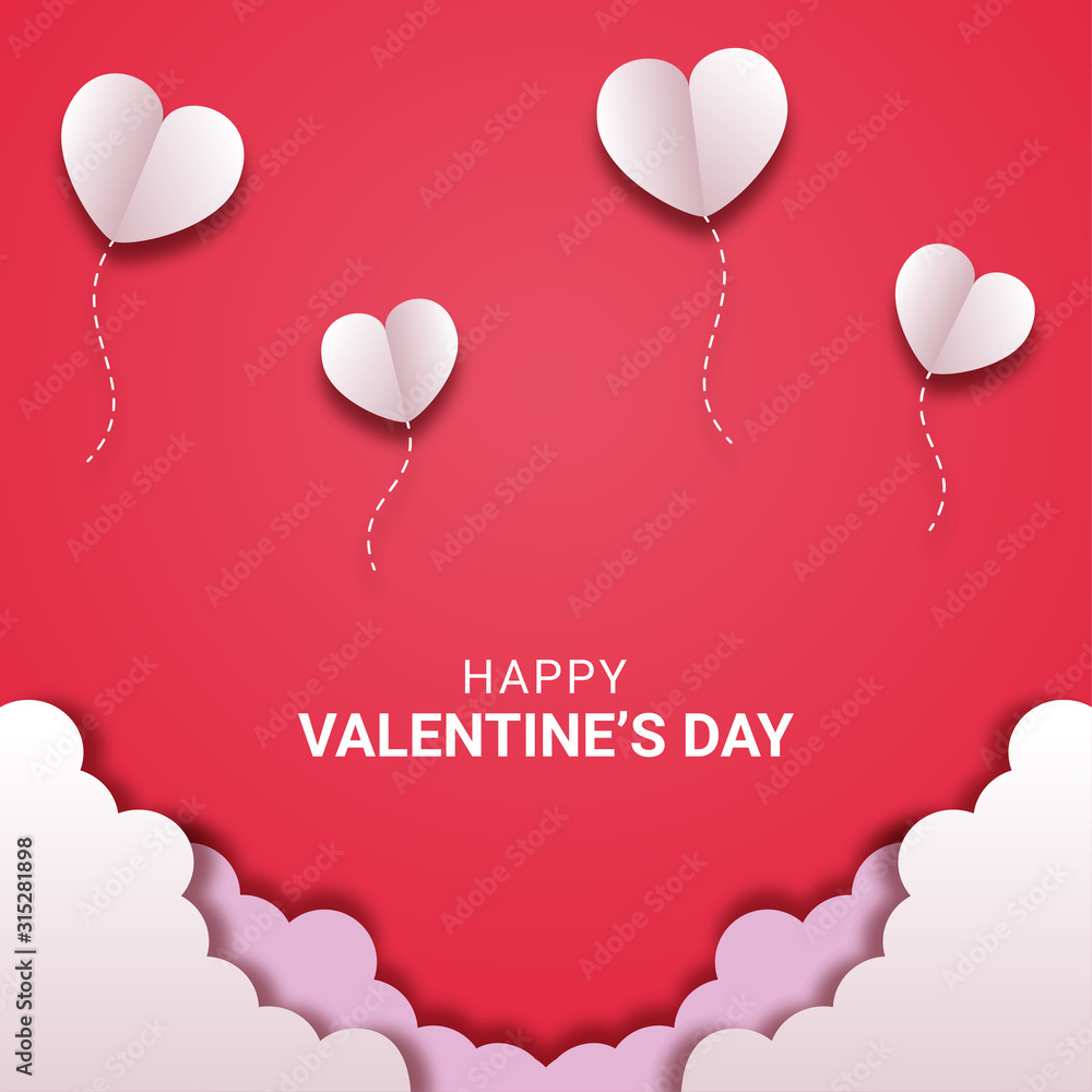 Happy valentines day paper cut style with colorful heart shape in pink background