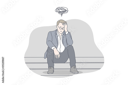 Busines, depression, stress, problem, work concept. Young exhausted, nervous, thoughtful businessman has work problem and got depression. Work may cause raise of stress level. Simple flat vector