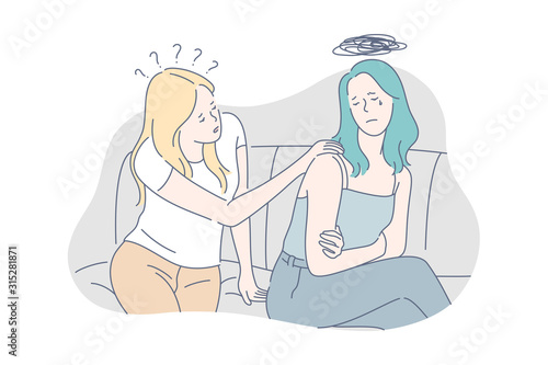 Family, care, support, depression, stress concept. Family support. Young careful girl tries support her depressed upset friend. Breakdown in relationships raises stress level. Simple flat vector