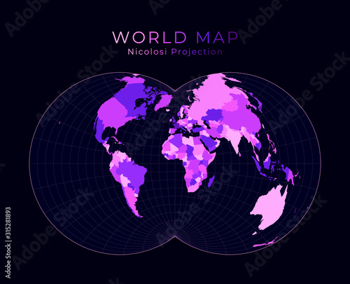 World Map. Nicolosi globular projection. Digital world illustration. Bright pink neon colors on dark background. Creative vector illustration.