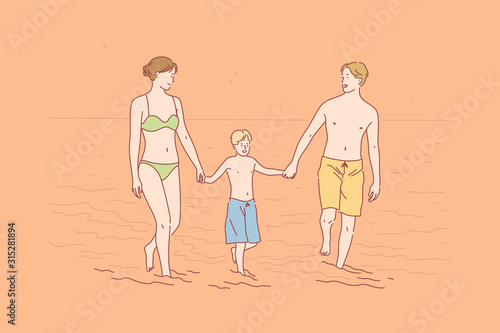 Family, vacation, love, happiness concept. Mother, father and son love spend time together. Family is walking on seashore, enjoying their vacation. Family love is true happiness. Simple flat vector
