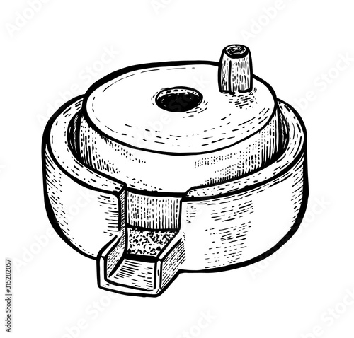 Hand millstones for grain with handle holder. Vintage. Hand realistic drawing. Engraving style vector illustration.