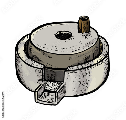 Hand millstones for grain with handle holder. Vintage. Hand realistic drawing. Engraving style vector illustration.