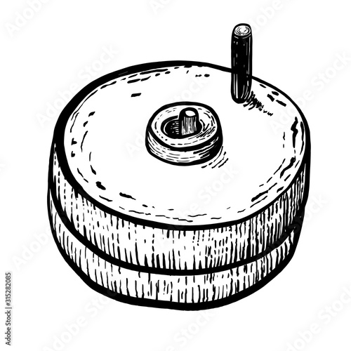 Hand millstones for grain with handle holder. Vintage. Hand realistic drawing. Engraving style vector illustration.