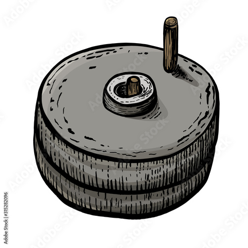 Hand millstones for grain with handle holder. Vintage. Hand realistic drawing. Engraving style vector illustration.