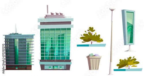 Skyscraper buildings set, modern house architecture and urban decoration. City towers with glass windows, office center or hotel, litter bin, bush, street light, billboard. Cartoon vector illustration