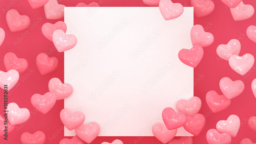 Hearts frame background. Valentines day wallpaper. 3d illustration. Wedding or marriage celebration. Romantic poster or banner hearts backdrop. Pastel pink love. Place for text.
