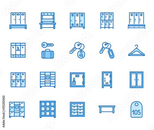 Locker room flat line icons set. Gym, school lockers, automatic left-luggage office, key tag vector illustrations. Outline pictogram personal belongings storage. Pixel perfect 64x64. Editable Strokes