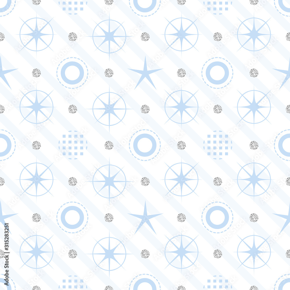 seamless confetti blue snowflake and star with silver glitter bubble pattern on stripe background seamless confetti blue snowflake and star with silver glitter bubble pattern on stripe background