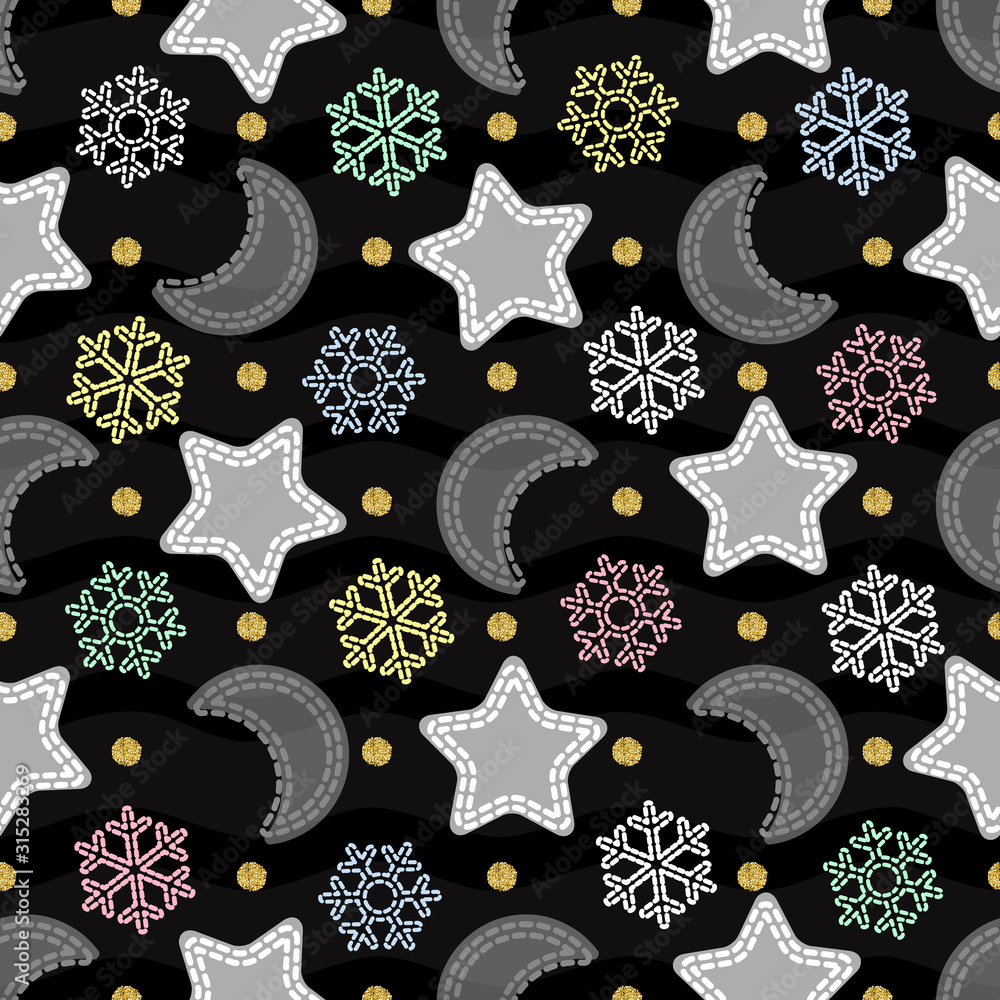 seamless night glitter sky pattern background with colorful moon, star and snowflake