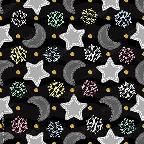 Obraz na płótnie seamless night glitter sky pattern background with colorful moon, star and snowflake w salonie