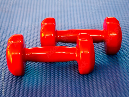 Two red dumbbells on a blue fitness Mat photo