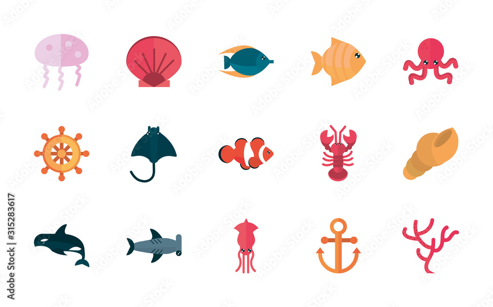 marine life, cartoon sea fauna animal set