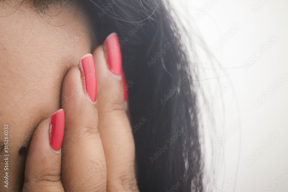 Fingers With Beautiful Red Color Painted Nails Of Indian Asian Wheatish  Girl Women Lady Covering Her Eyes And Face Stock Photo | Adobe Stock