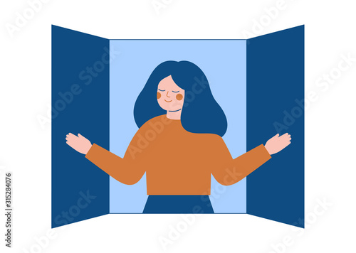 Young woman opens the window shutters and breathes in the fresh air. Concept of freedom