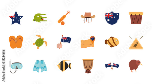 australia animal things famous sites icons set on white background