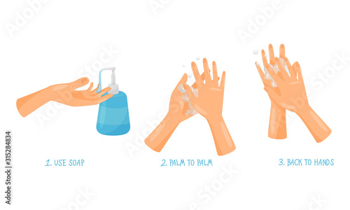 Tips of How to Wash Hands Properly with Illustrated Hands Actions Vector Set