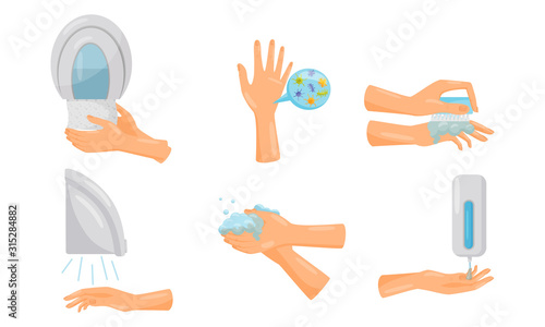 Tips of How to Wash Hands Properly with Illustrated Hands Actions Vector Set