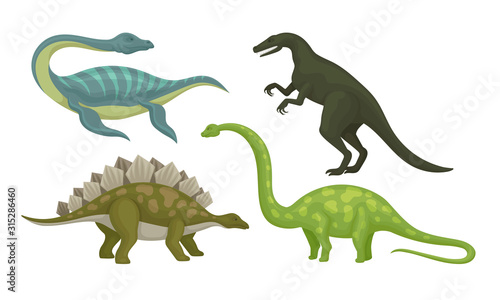 Prehistoric Dinosaurs Animals with Sharp Teeth and Tails Vector Set