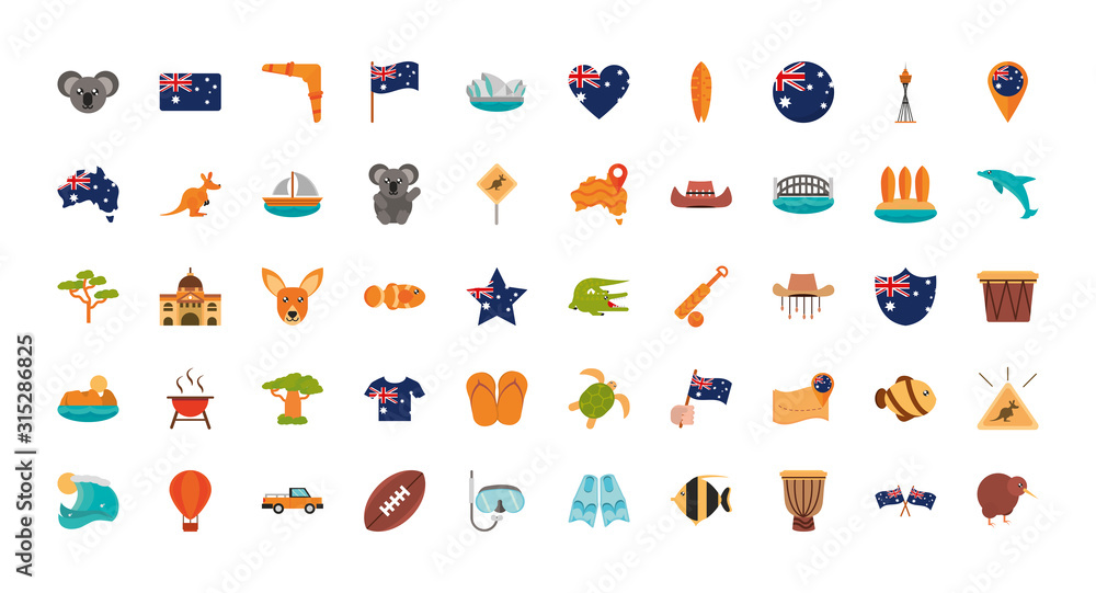 Fototapeta premium australia animal things famous sites icons set on white background