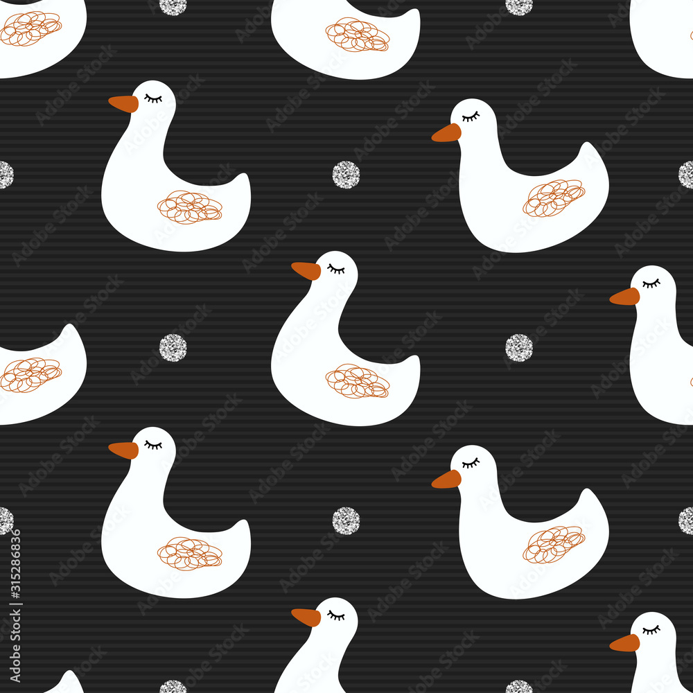 Obraz premium seamless hand drawn white duck with silver got glitter pattern on black stripe background