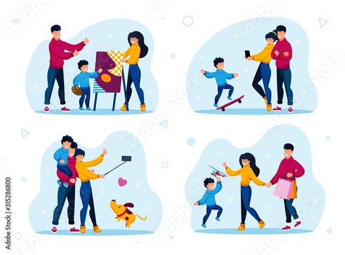 Modern Family Recreation and Leisure Trendy Flat Vector Concepts Set. Parents with Children Visiting Drawing Lessons, Making Memorable Photos, Buying Toys, Shopping Together Isolated Illustrations