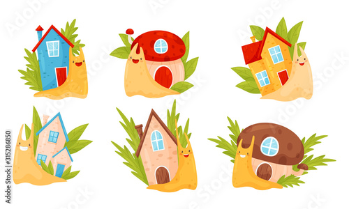 Cute Cartoon Snails Carrying House on Their Backs Vector Illustrations Set