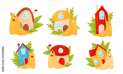 Cute Cartoon Snails Carrying House on Their Backs Vector Illustrations Set