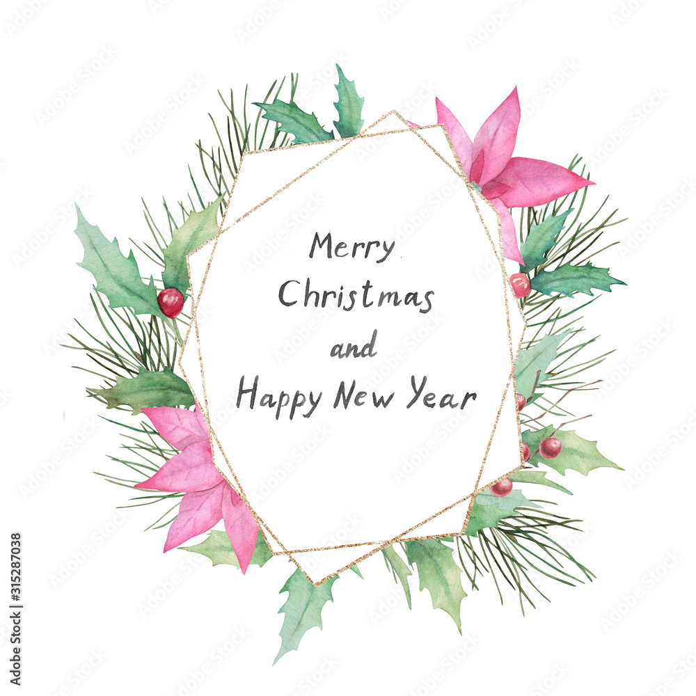 Greeting frame with christmas tree branch and holly on white background. Watercolor card template. Hand drawn illustration Greeting frame with christmas tree branch and holly on white background. Watercolor card template. Hand drawn illustration